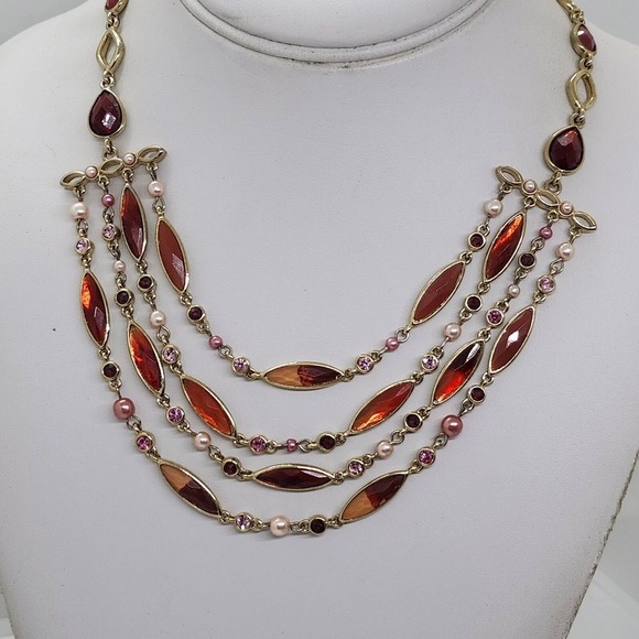 Orange Red Pink Triple Layered Gold Tone Necklace‎ - Picture 1 of 5